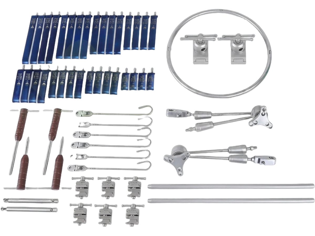Anterior lumbar surgical access retractor system with blades, ring frame, clamps and table posts